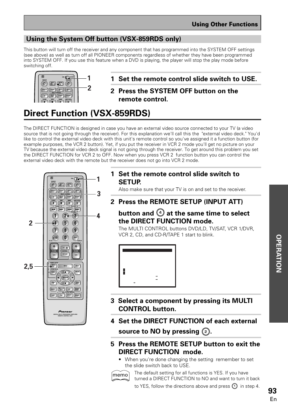 Direct function (vsx-859rds), 1 set the remote control slide switch to setup, 2 press the remote setup (input att) button and | Using other functions | Pioneer VSX-859RDS-G User Manual | Page 93 / 116