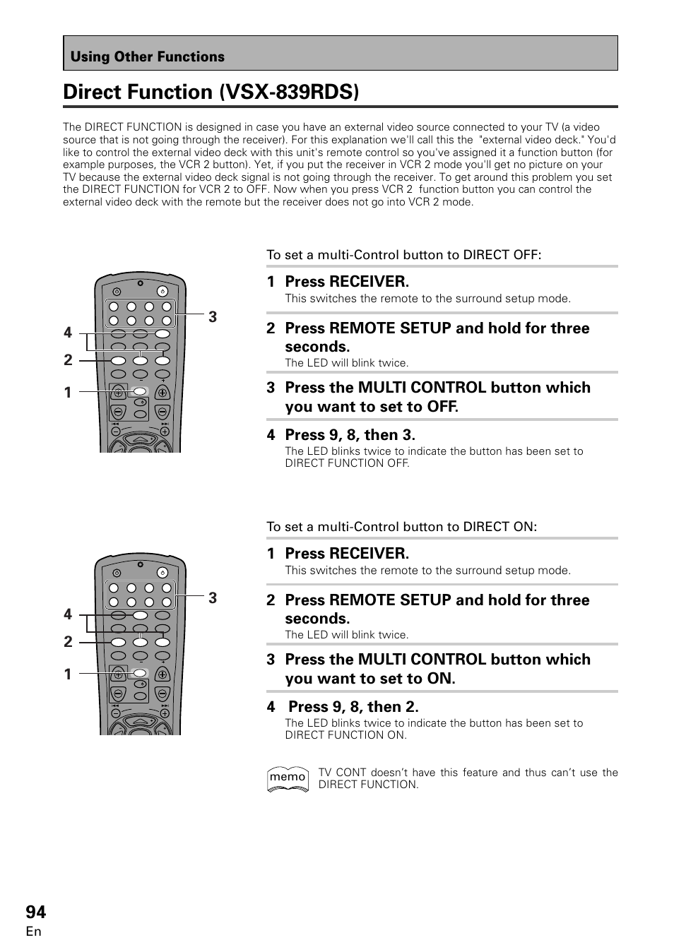 Direct function (vsx-839rds), 1 press receiver, 2 press remote setup and hold for three seconds | Using other functions, The led will blink twice | Pioneer VSX-859RDS-G User Manual | Page 94 / 116