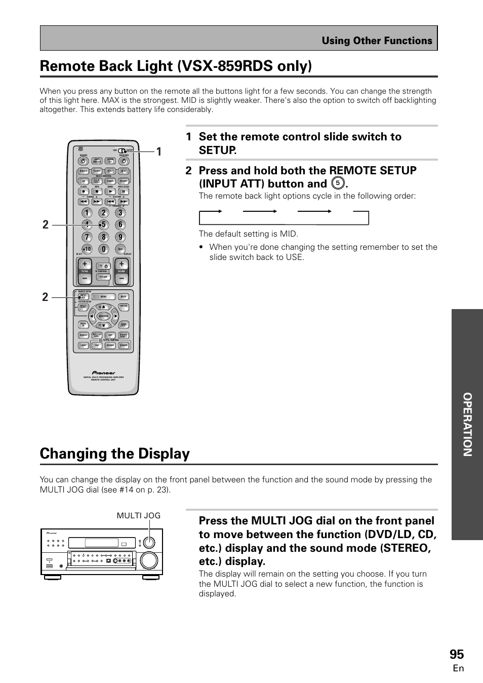 Remote back light (vsx-859rds only), Changing the display, Opera tion | Using other functions, Multi jog, Mid max off | Pioneer VSX-859RDS-G User Manual | Page 95 / 116