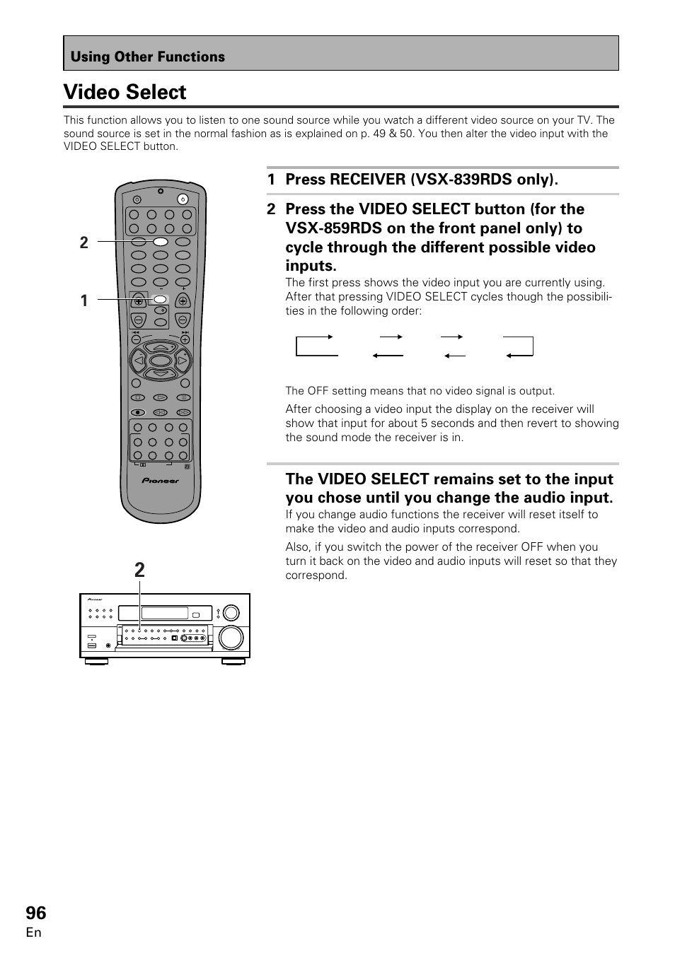 Video select, Using other functions, Dvd/ld vcr1 vcr2 off video tv/sat | Pioneer VSX-859RDS-G User Manual | Page 96 / 116