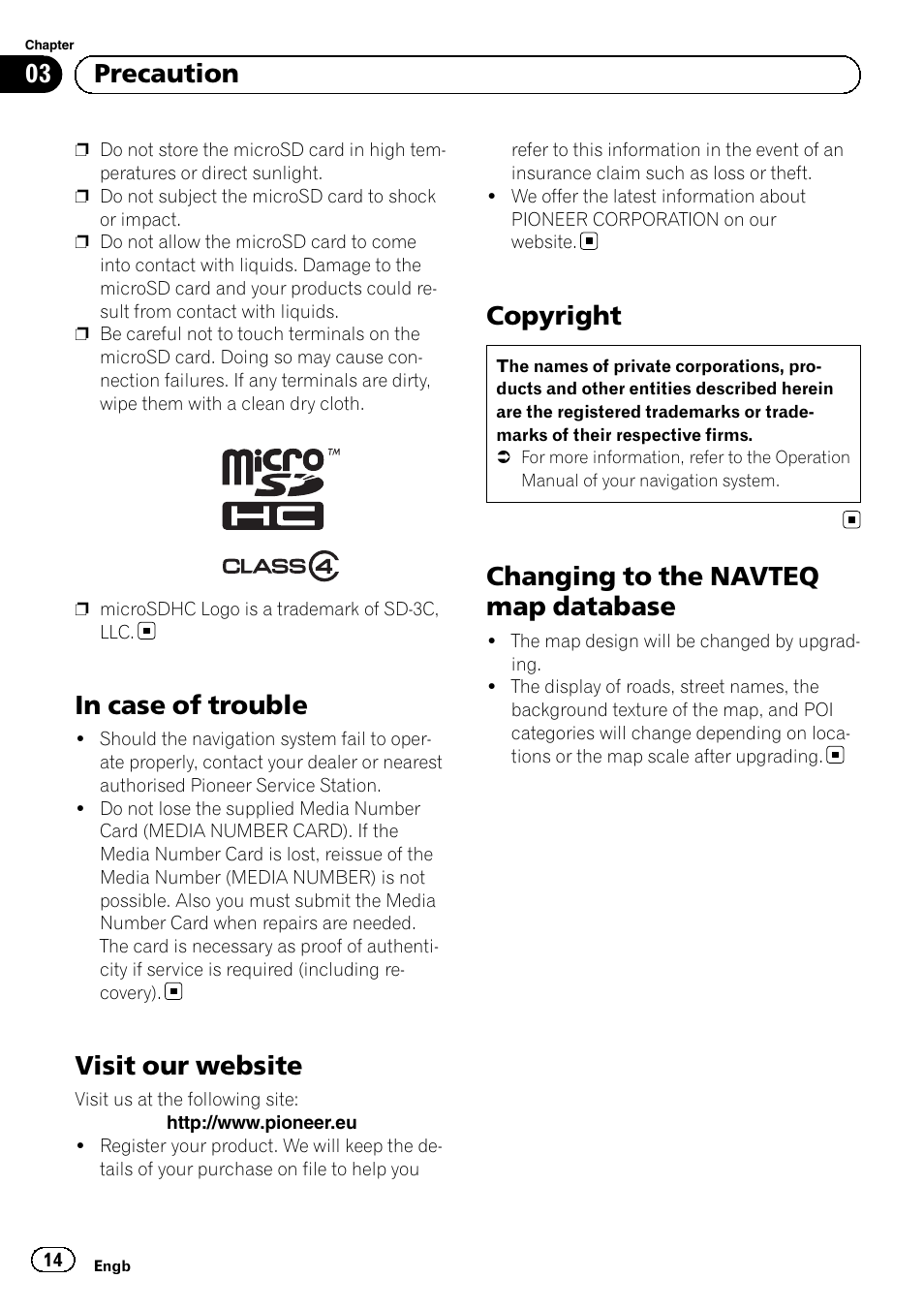 In case of trouble, Visit our website, Copyright | Changing to the navteq map database, 03 precaution | Pioneer AVIC-F30BT User Manual | Page 14 / 100