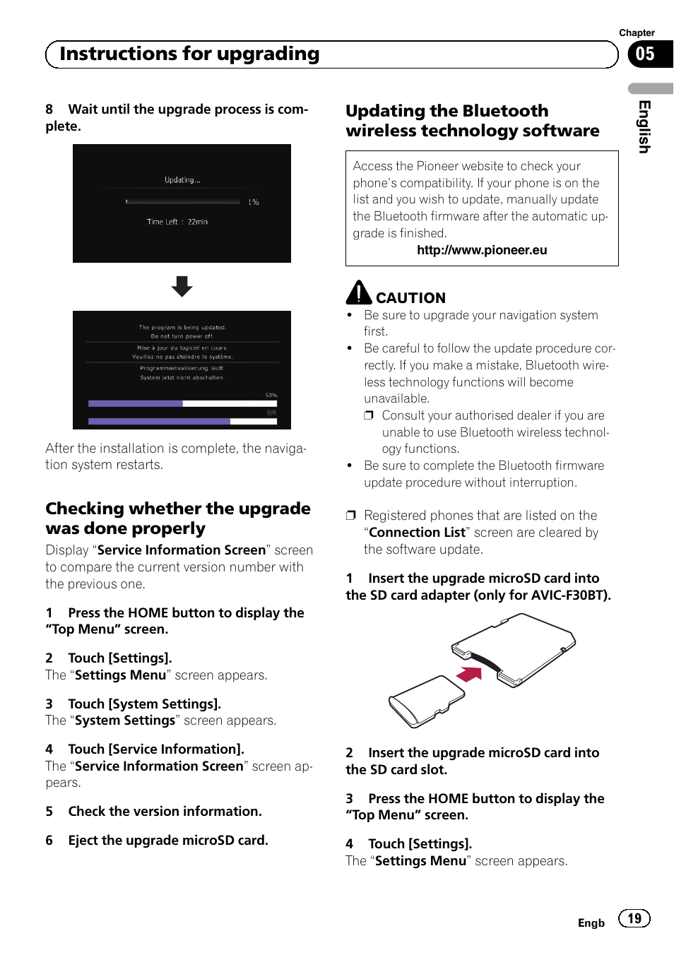 Checking whether the upgrade was, Done properly, Updating the bluetooth wireless | Technology software, 05 instructions for upgrading, Checking whether the upgrade was done properly | Pioneer AVIC-F30BT User Manual | Page 19 / 100