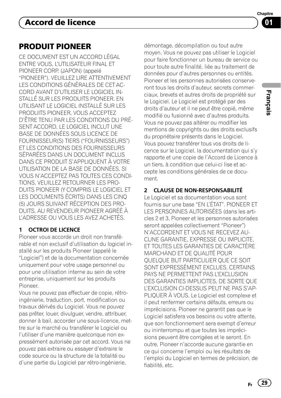 Accord de licence produit pioneer, Produit pioneer, 01 accord de licence | Pioneer AVIC-F30BT User Manual | Page 29 / 100