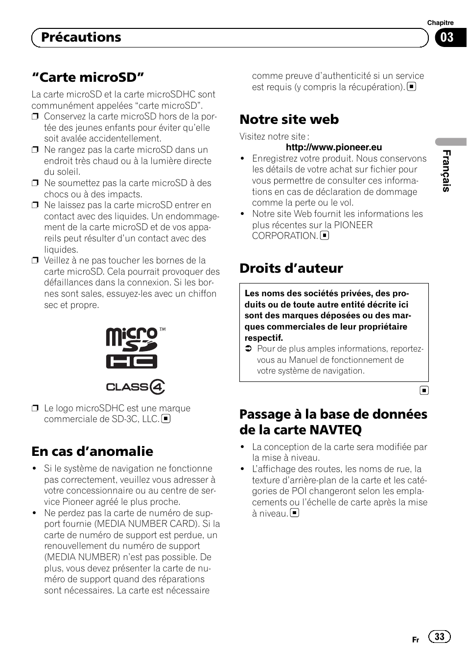 Carte microsd” 33 en cas d, Anomalie 33, Notre site web | Droits d, Auteur 33, Passage à la base de données de la carte, Navteq, Carte microsd, En cas d ’anomalie, Droits d ’auteur | Pioneer AVIC-F30BT User Manual | Page 33 / 100