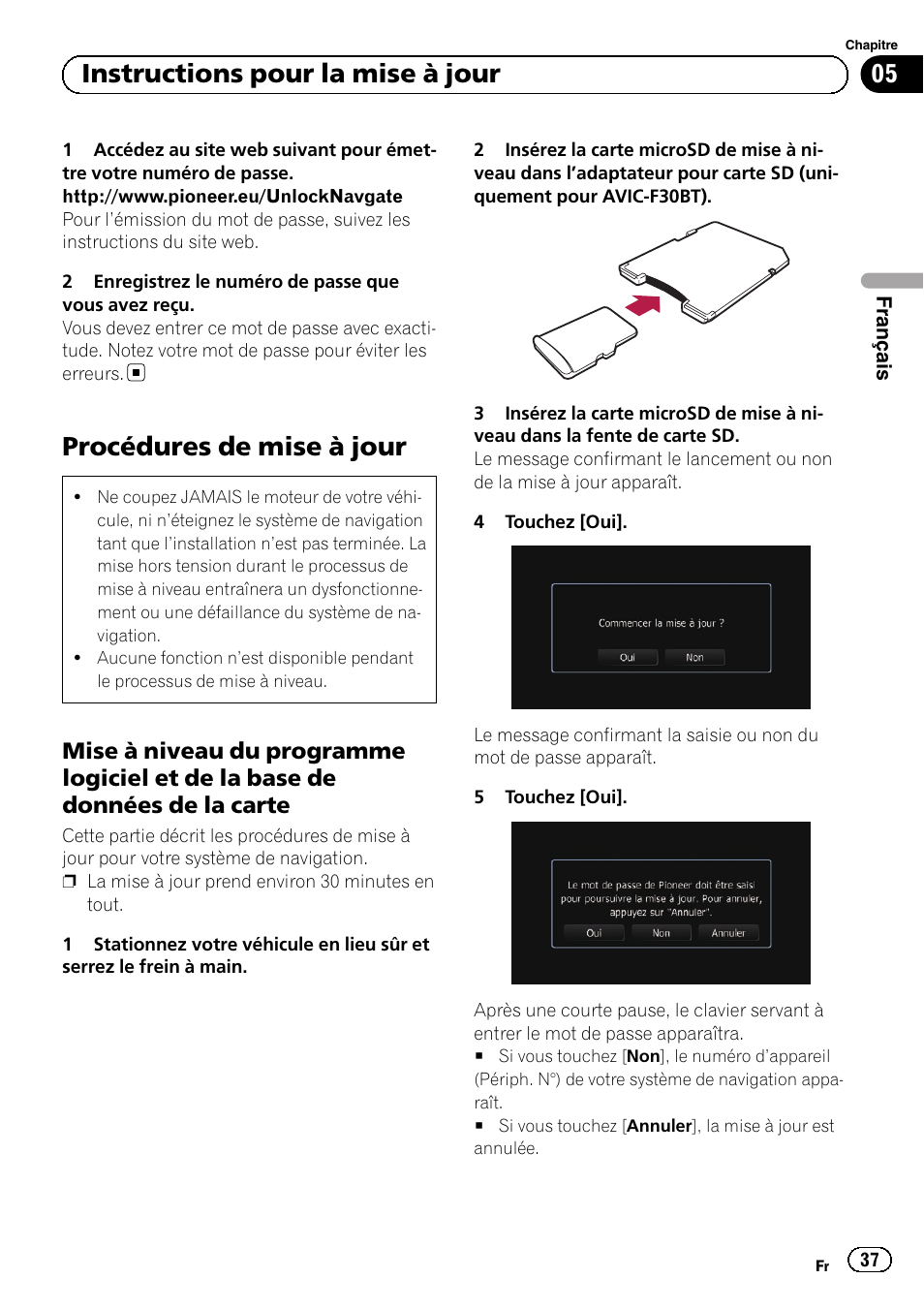 Procédures de mise à jour, Mise à niveau du programme logiciel et, De la base de données de la carte | 05 instructions pour la mise à jour | Pioneer AVIC-F30BT User Manual | Page 37 / 100