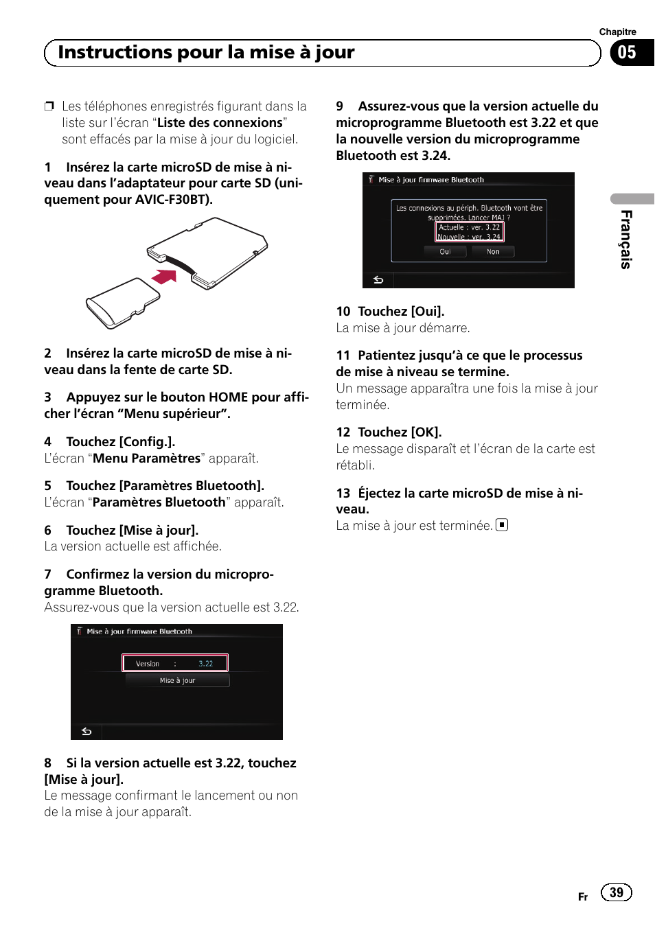05 instructions pour la mise à jour | Pioneer AVIC-F30BT User Manual | Page 39 / 100