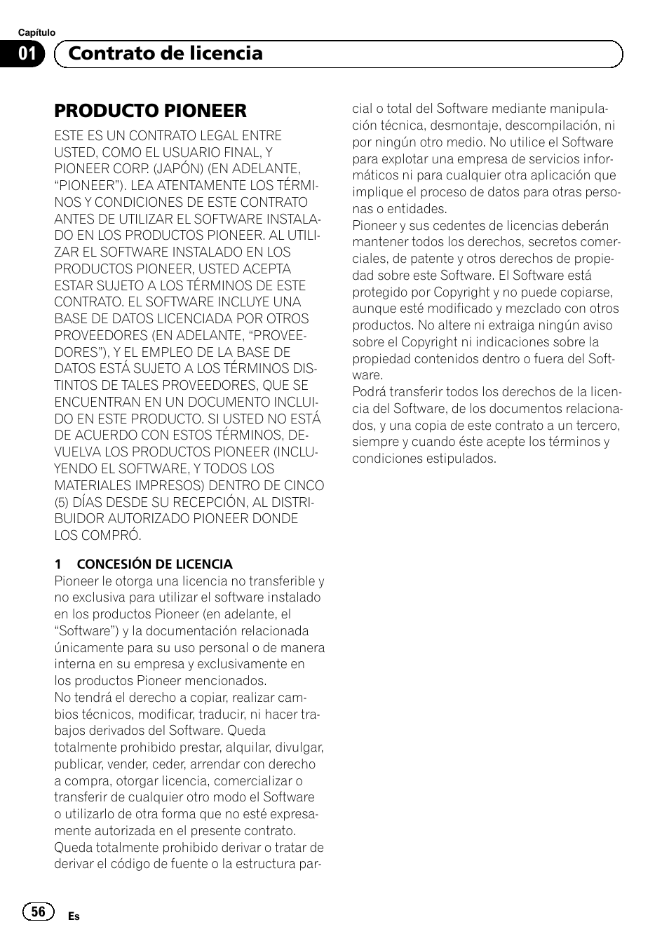 Contrato de licencia producto pioneer, Producto pioneer, 01 contrato de licencia | Pioneer AVIC-F30BT User Manual | Page 56 / 100
