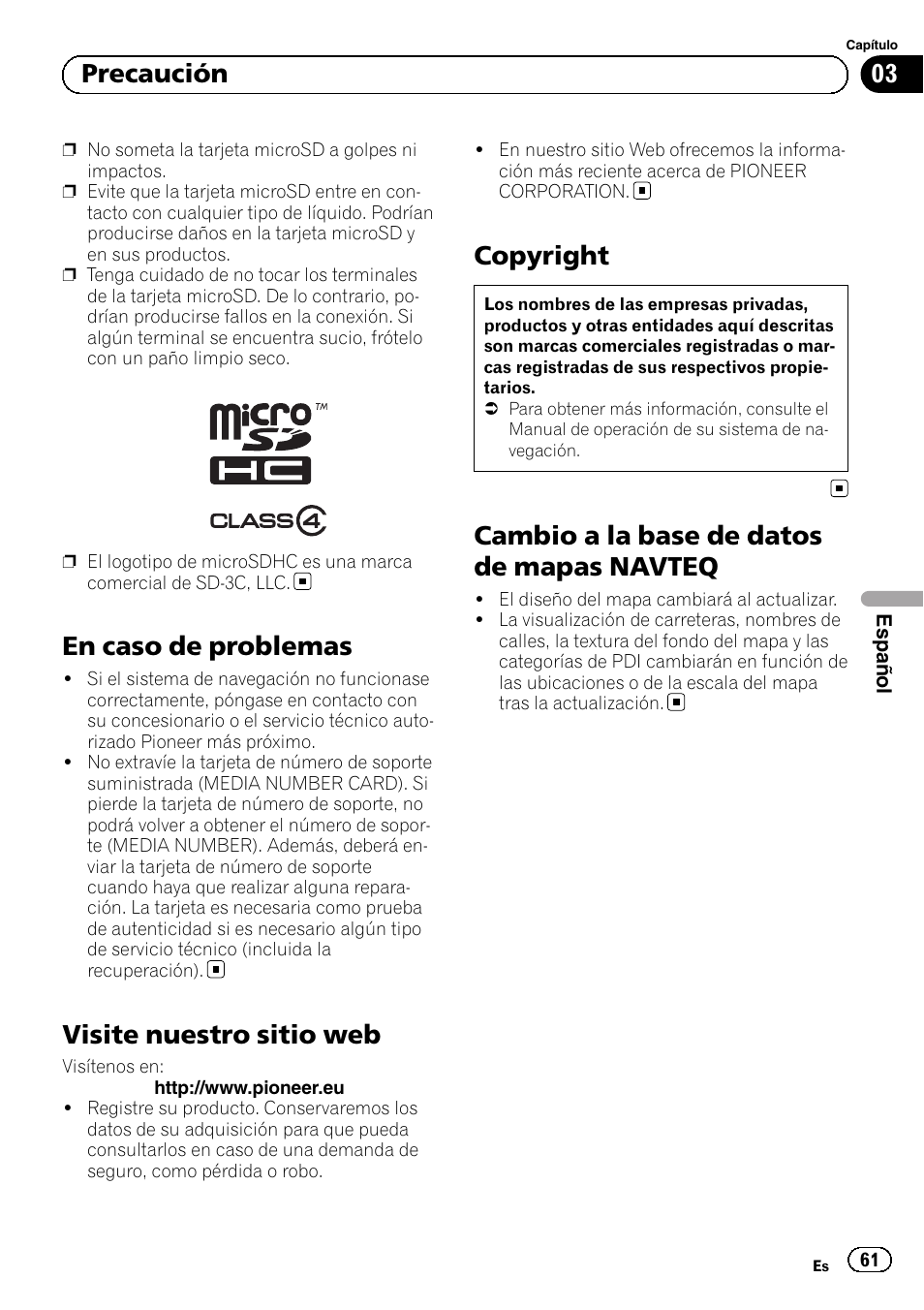 En caso de problemas, Visite nuestro sitio web, Copyright | Cambio a la base de datos de mapas, Navteq, Cambio a la base de datos de mapas navteq, 03 precaución | Pioneer AVIC-F30BT User Manual | Page 61 / 100