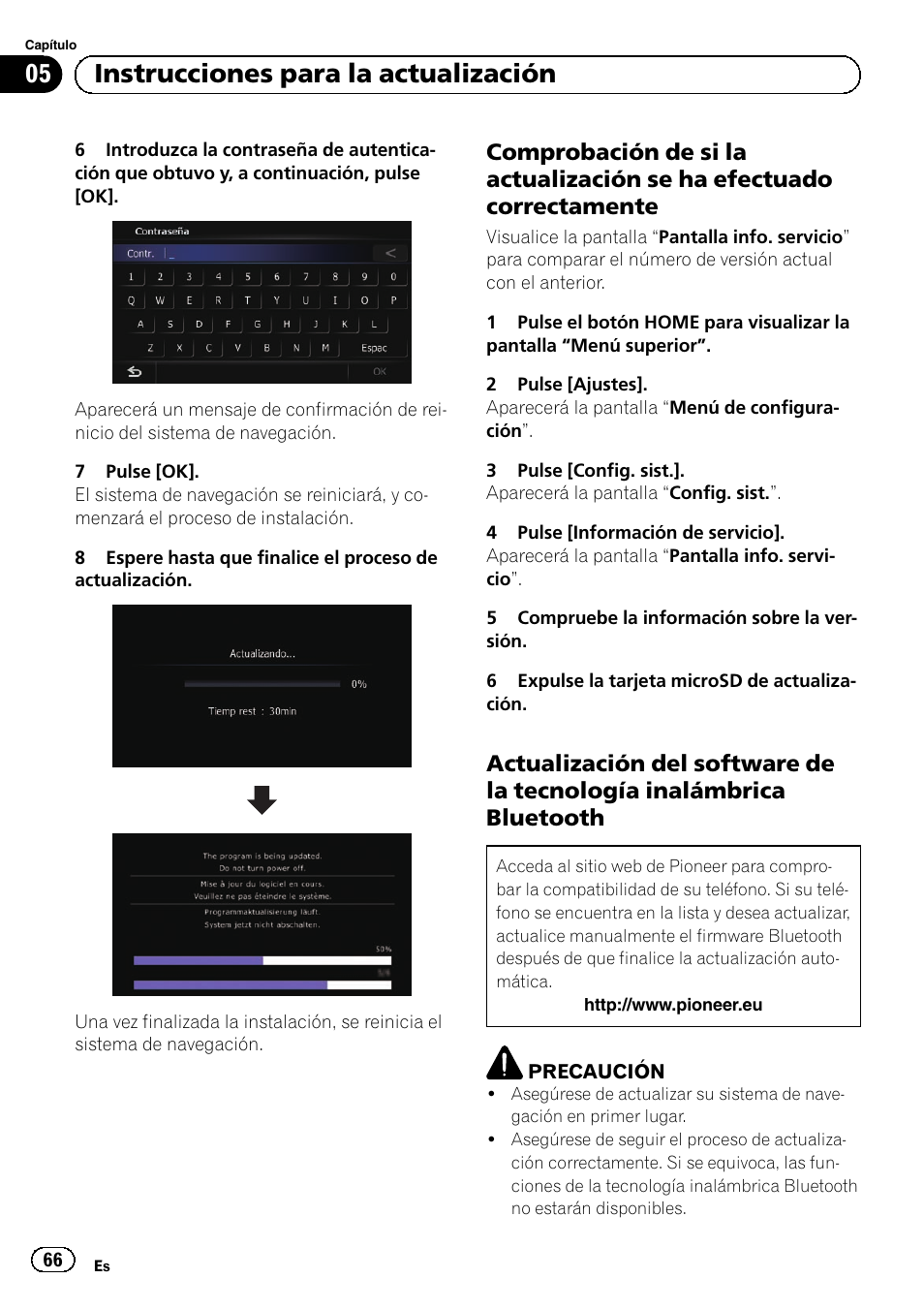 Comprobación de si la actualización se, Ha efectuado correctamente, Actualización del software de la | Tecnología inalámbrica bluetooth, 05 instrucciones para la actualización | Pioneer AVIC-F30BT User Manual | Page 66 / 100