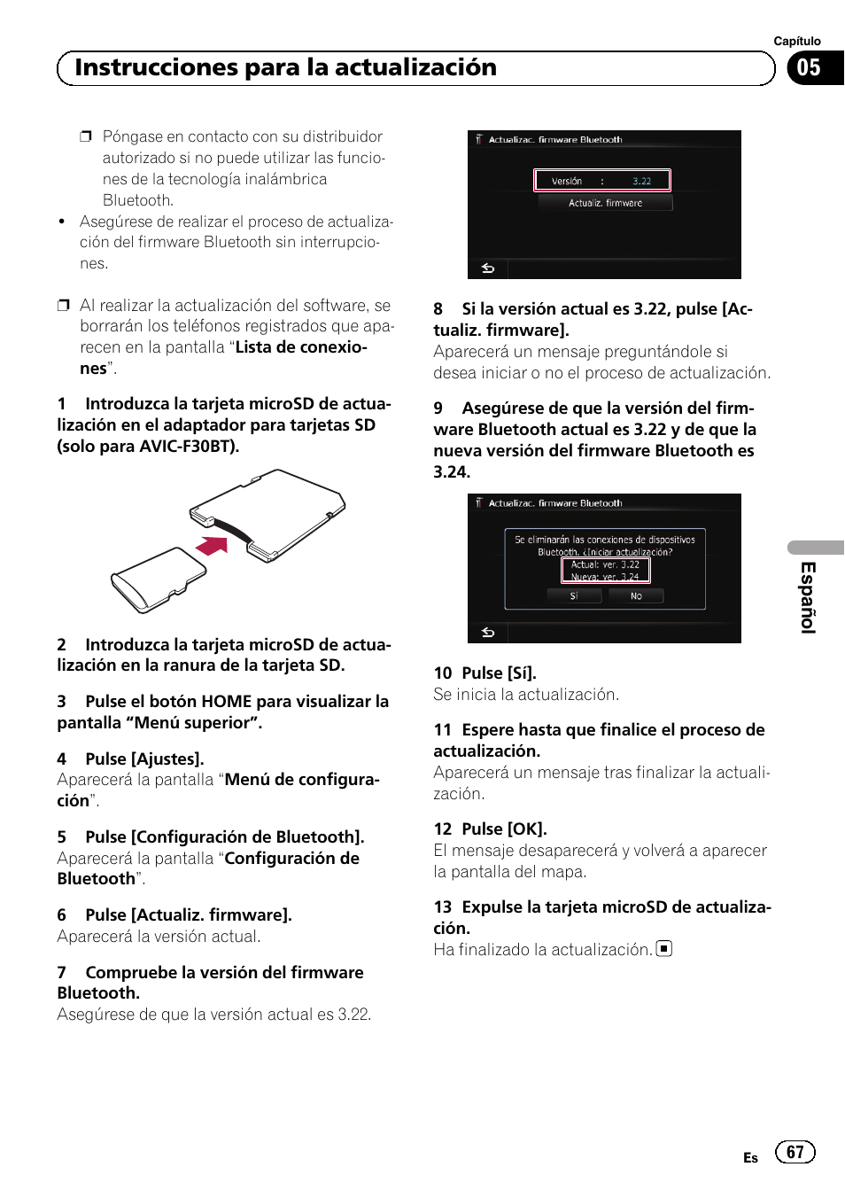 05 instrucciones para la actualización | Pioneer AVIC-F30BT User Manual | Page 67 / 100