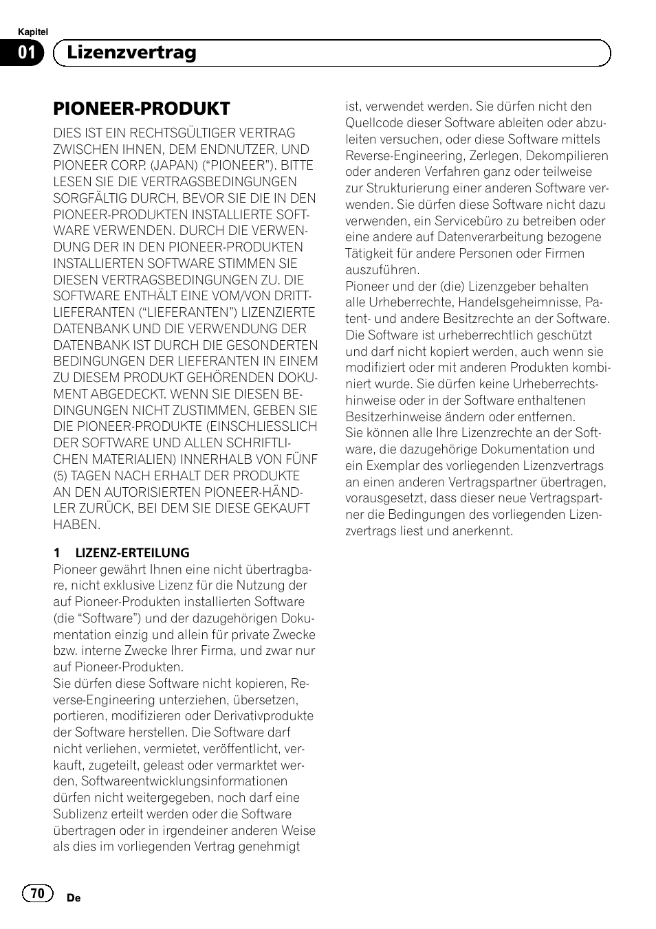 Lizenzvertrag pioneer-produkt, Pioneer-produkt, 01 lizenzvertrag | Pioneer AVIC-F30BT User Manual | Page 70 / 100