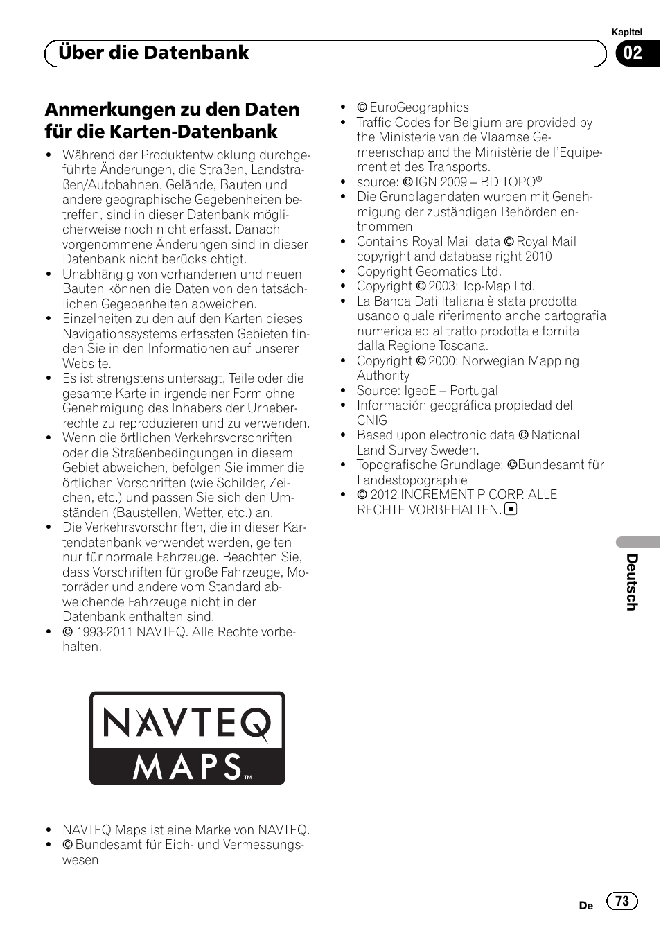 Datenbank, Anmerkungen zu den daten für die karten-datenbank, 02 über die datenbank | Pioneer AVIC-F30BT User Manual | Page 73 / 100
