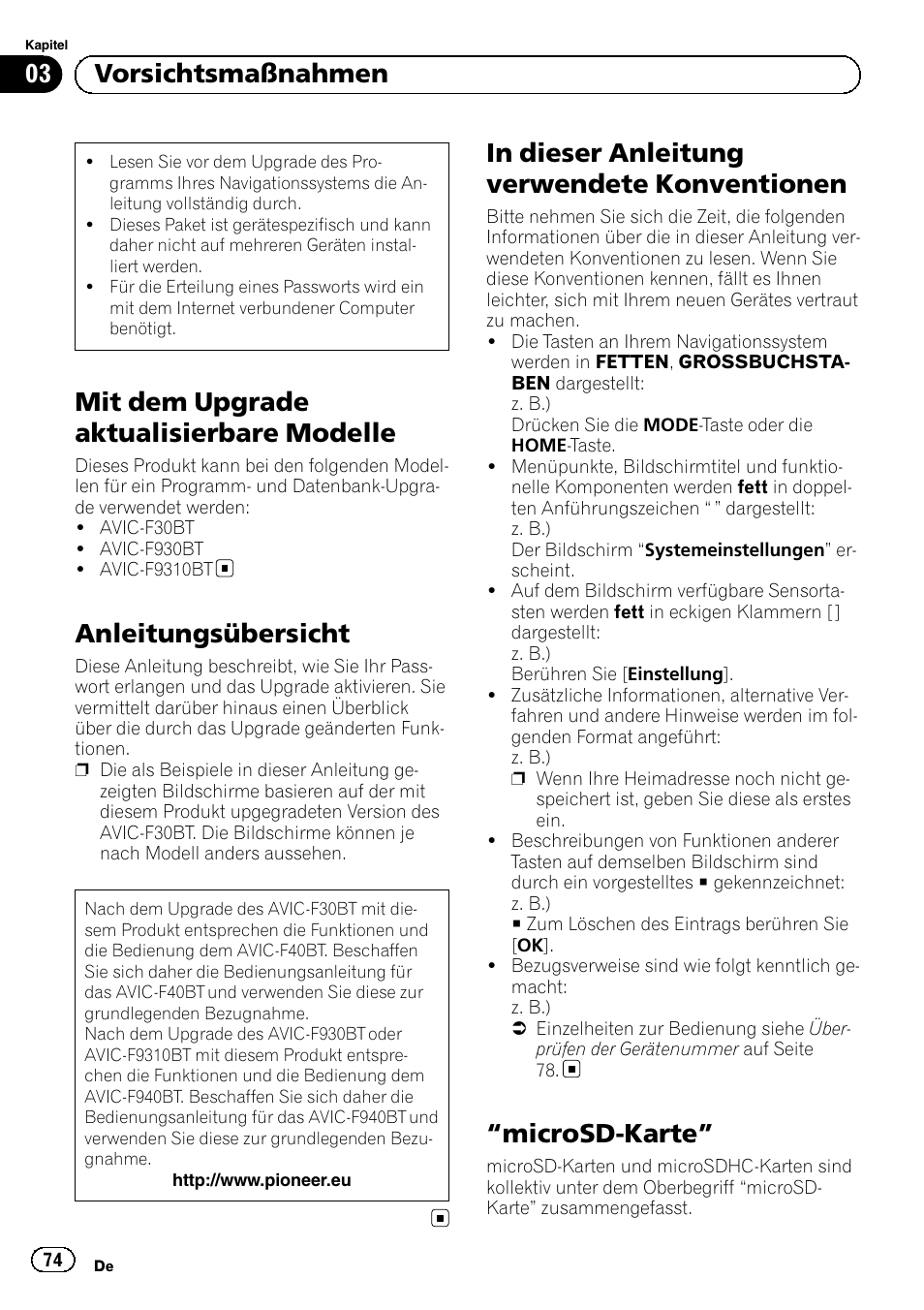 Vorsichtsmaßnahmen mit dem upgrade aktualisierbare, Modelle, Anleitungsübersicht | In dieser anleitung verwendete, Konventionen, Microsd-karte” 74, Mit dem upgrade aktualisierbare modelle, Microsd-karte, 03 vorsichtsmaßnahmen | Pioneer AVIC-F30BT User Manual | Page 74 / 100