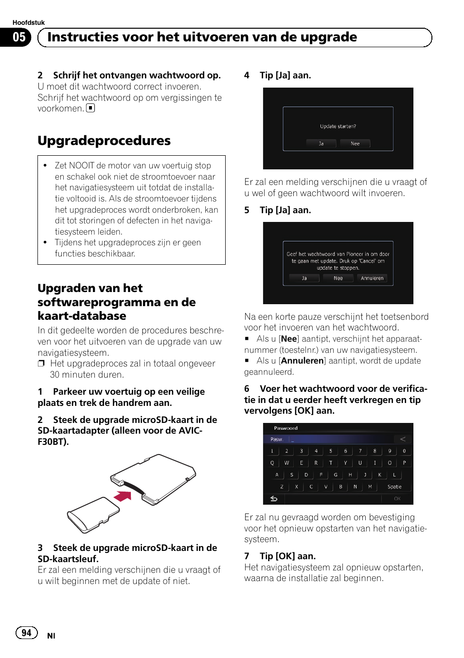 Upgradeprocedures, Upgraden van het softwareprogramma, En de kaart-database | 05 instructies voor het uitvoeren van de upgrade | Pioneer AVIC-F30BT User Manual | Page 94 / 100