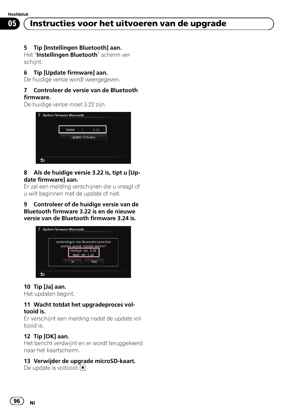 05 instructies voor het uitvoeren van de upgrade | Pioneer AVIC-F30BT User Manual | Page 96 / 100