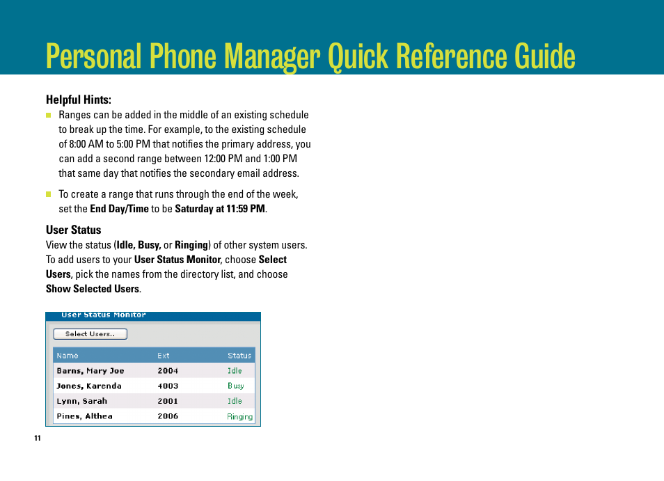 Personal phone manager quick reference guide | ADTRAN IP 501 User Manual | Page 11 / 16