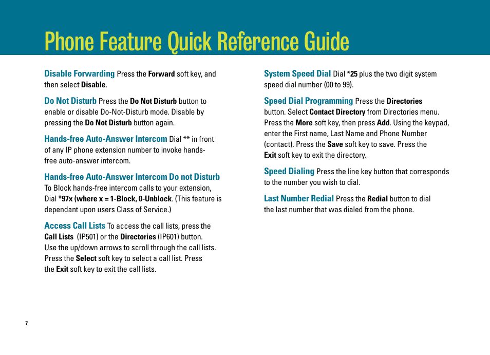 Phone feature quick reference guide | ADTRAN IP 501 User Manual | Page 7 / 16