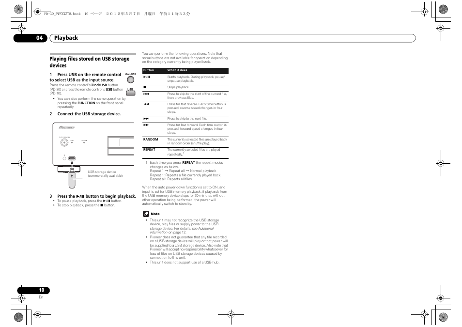 Playing files stored on usb storage devices, Playback 04 | Pioneer PD-10-S User Manual | Page 10 / 16