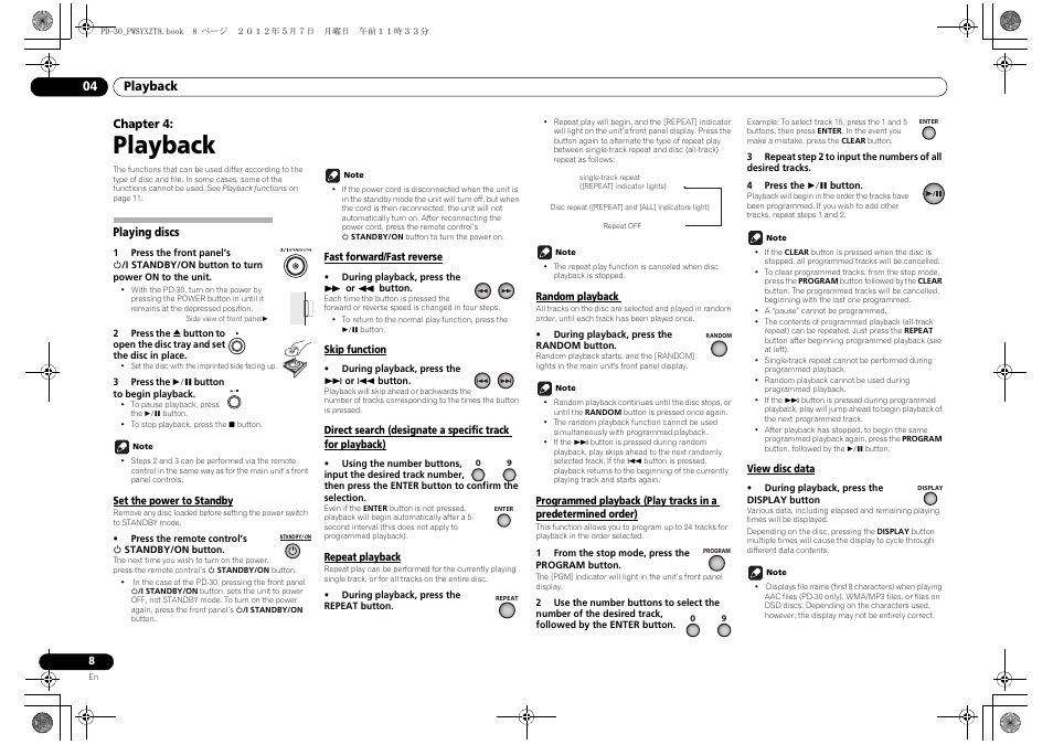 Playing discs, Predetermined order) view disc data, Playback | Pioneer PD-10-S User Manual | Page 8 / 16