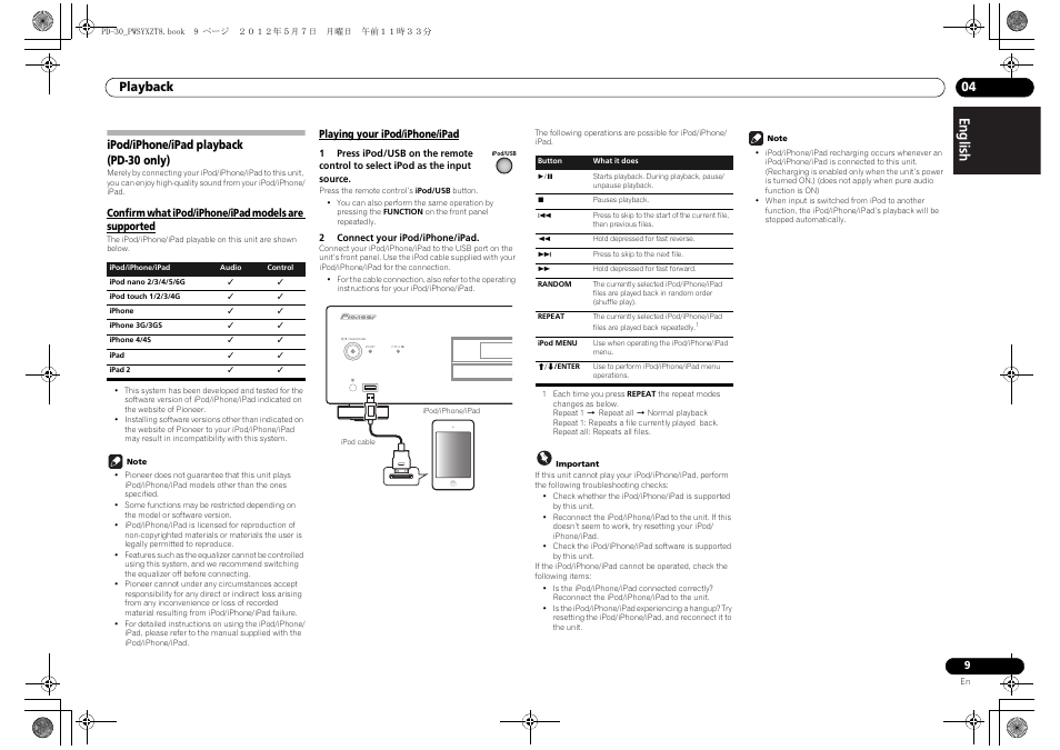 Ipod/iphone/ipad playback, Pd-30 only), Confirm what ipod/iphone/ipad models are | Supported playing your ipod/iphone/ipad, Playback 04, Ipod/iphone/ipad playback (pd-30 only) | Pioneer PD-10-S User Manual | Page 9 / 16