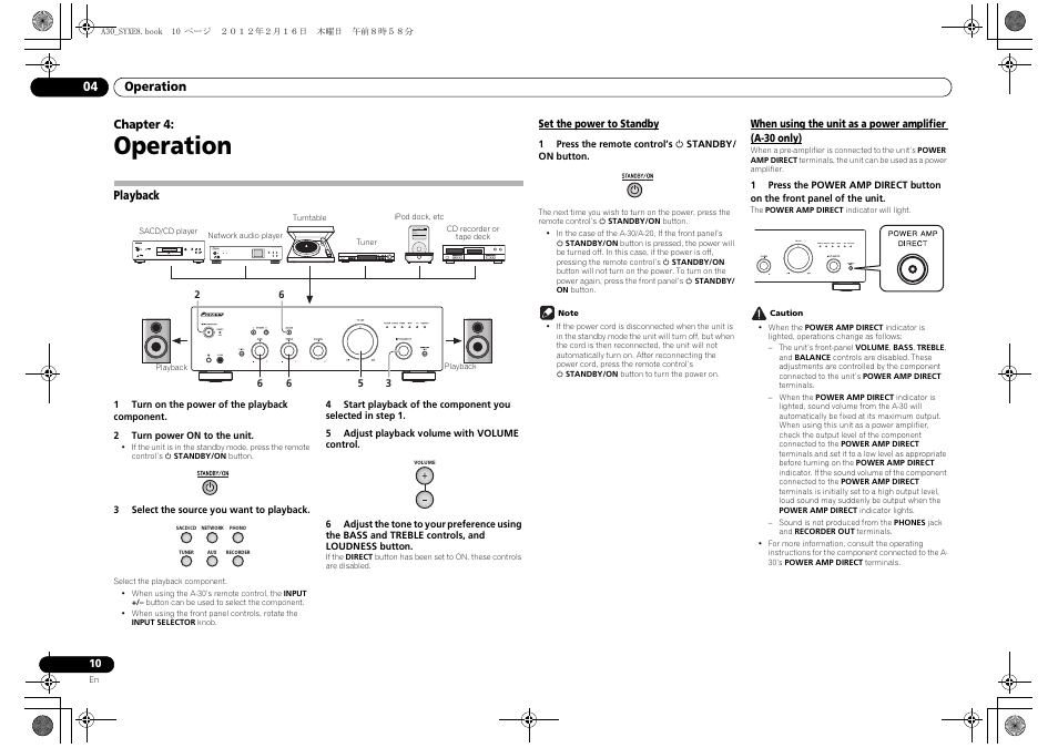 04 operation, Playback, Set the power to standby | When using the unit as a power amplifier, A-30 only), Operation | Pioneer A-20-K User Manual | Page 10 / 88