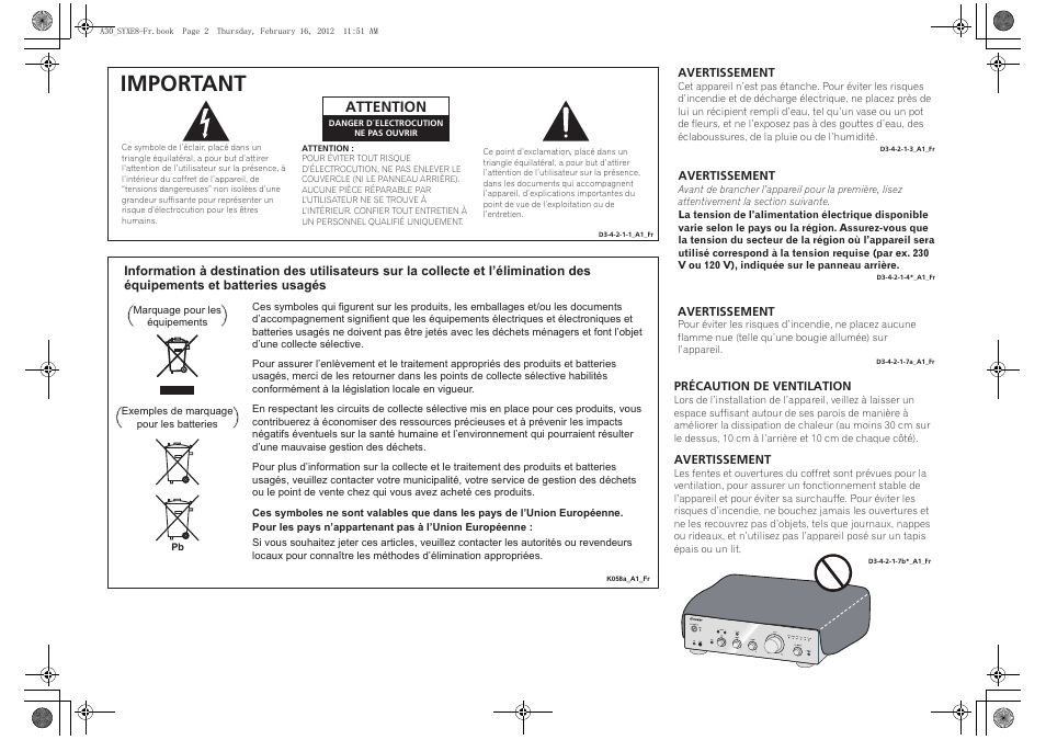 Important, Attention | Pioneer A-20-K User Manual | Page 14 / 88
