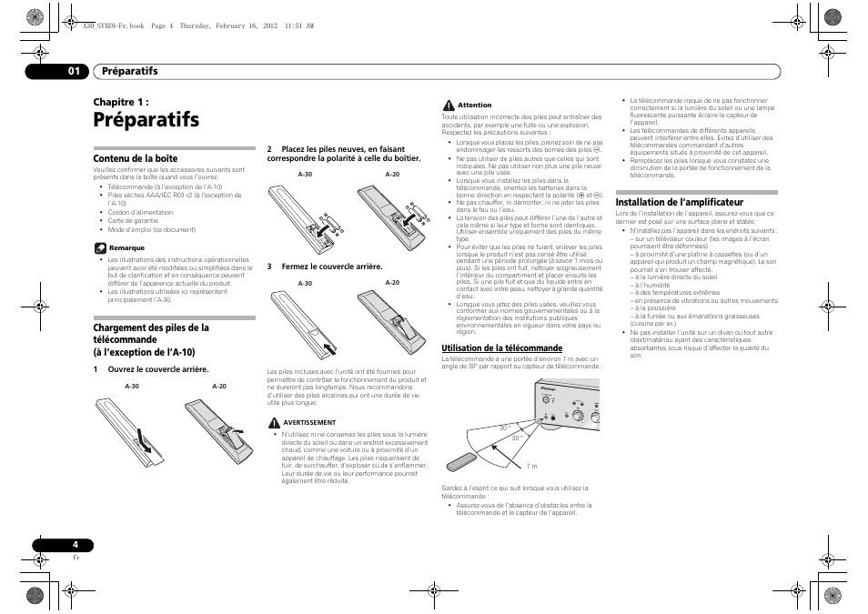 01 préparatifs, Contenu de la boîte, Chargement des piles de la télécommande | À l’exception de l’a-10), Utilisation de la télécommande, Installation de l’amplificateur, Préparatifs, Chapitre 1 | Pioneer A-20-K User Manual | Page 16 / 88