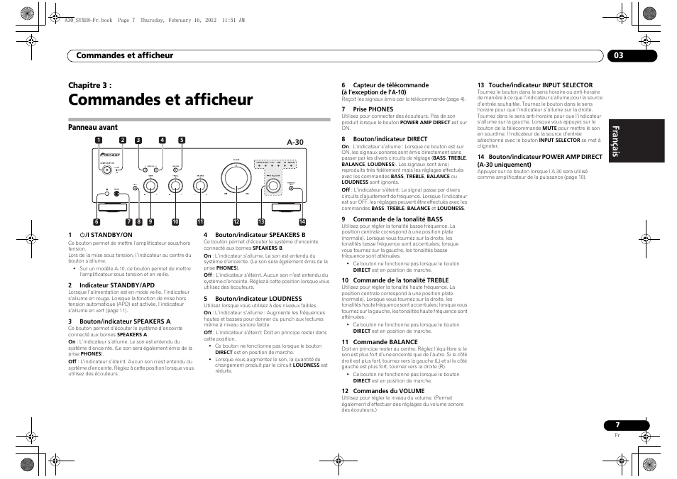 03 commandes et afficheur, Panneau avant, Commandes et afficheur | Pioneer A-20-K User Manual | Page 19 / 88