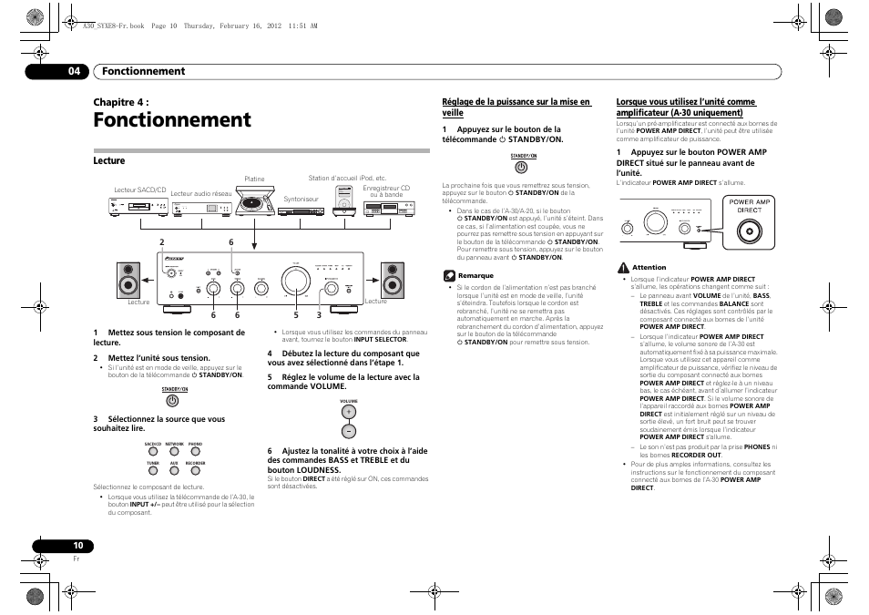 04 fonctionnement, Lecture, Réglage de la puissance sur la mise en veille | Lorsque vous utilisez l’unité comme amplificateur, A-30 uniquement), Fonctionnement | Pioneer A-20-K User Manual | Page 22 / 88