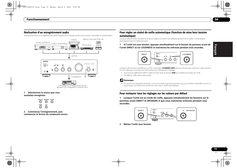 Réalisation d’un enregistrement audio, Pour régler un statut de veille automatique, Fonction de mise hors tension automatique) | Pour restaurer tous les réglages sur, Les valeurs par défaut | Pioneer A-20-K User Manual | Page 23 / 88