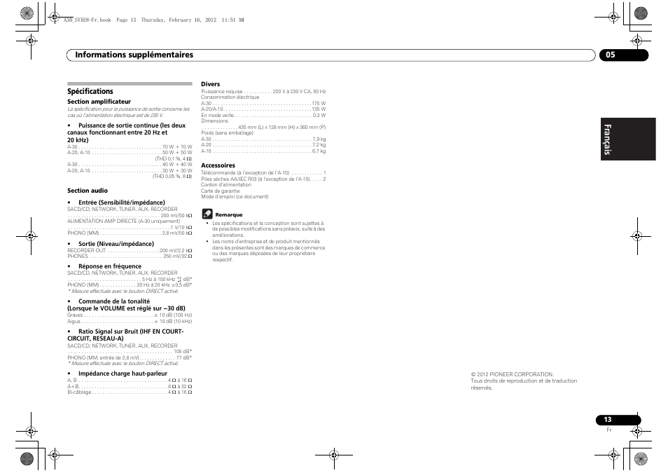 Spécifications | Pioneer A-20-K User Manual | Page 25 / 88