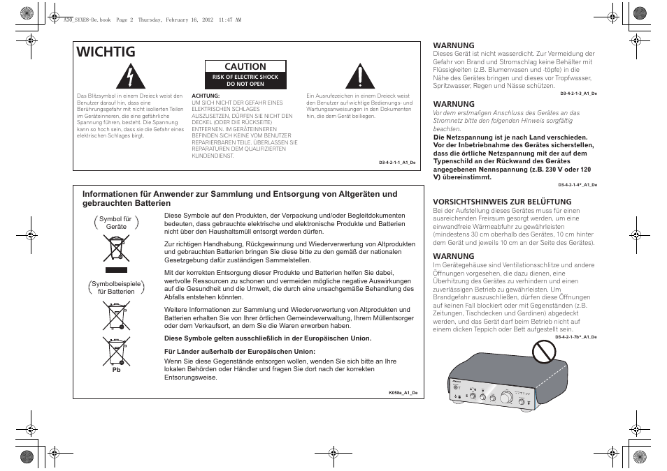 Wichtig, Caution | Pioneer A-20-K User Manual | Page 26 / 88