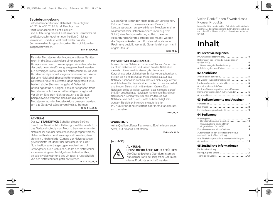 Inhalt | Pioneer A-20-K User Manual | Page 27 / 88