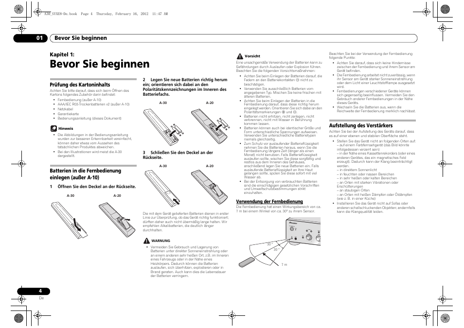 01 bevor sie beginnen, Prüfung des kartoninhalts, Batterien in die fernbedienung einlegen | Außer a-10), Verwendung der fernbedienung, Aufstellung des verstärkers, Bevor sie beginnen, Kapitel 1 | Pioneer A-20-K User Manual | Page 28 / 88