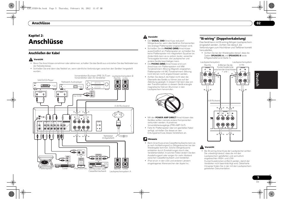02 anschlüsse, Anschließen der kabel, Bi-wiring” (doppelverkabelung) | Anschlüsse, Anschlüsse 02, Kapitel 2 | Pioneer A-20-K User Manual | Page 29 / 88