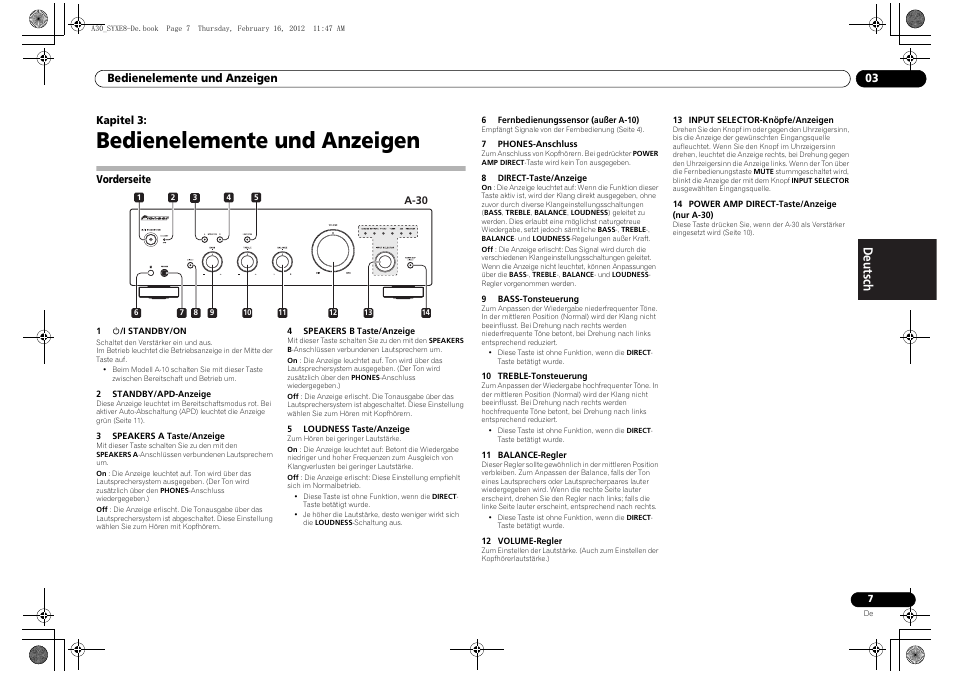 03 bedienelemente und anzeigen, Vorderseite, Bedienelemente und anzeigen | Pioneer A-20-K User Manual | Page 31 / 88