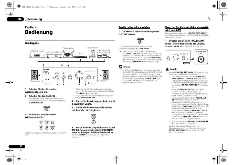 04 bedienung, Wiedergabe, Bereitschaftsmodus einstellen | Wenn das gerät als verstärker, Eingesetzt wird (nur a-30), Bedienung | Pioneer A-20-K User Manual | Page 34 / 88