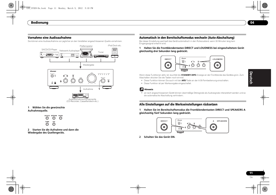 Vornahme eine audioaufnahme, Automatisch in den bereitschaftsmodus, Wechseln (auto-abschaltung) | Pioneer A-20-K User Manual | Page 35 / 88