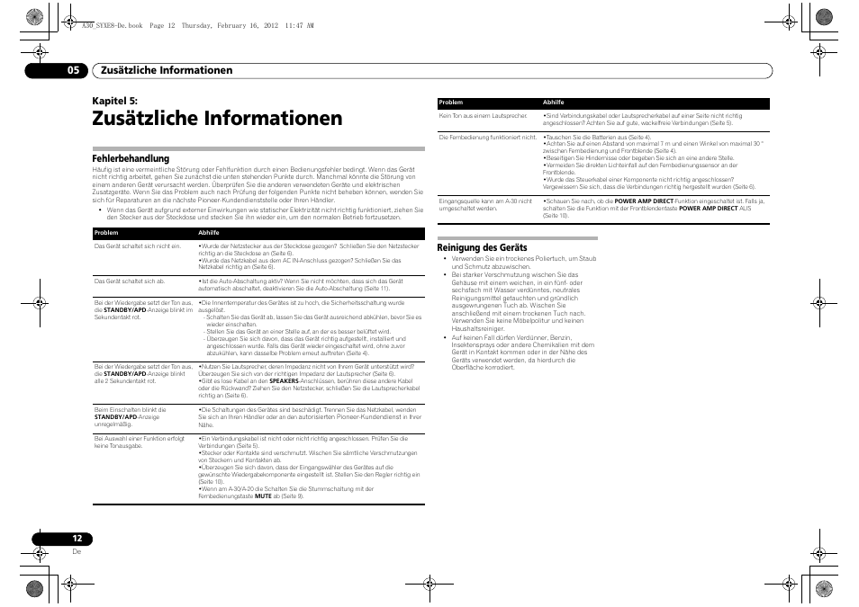 05 zusätzliche informationen, Fehlerbehandlung, Reinigung des geräts | Zusätzliche informationen, Kapitel 5 | Pioneer A-20-K User Manual | Page 36 / 88