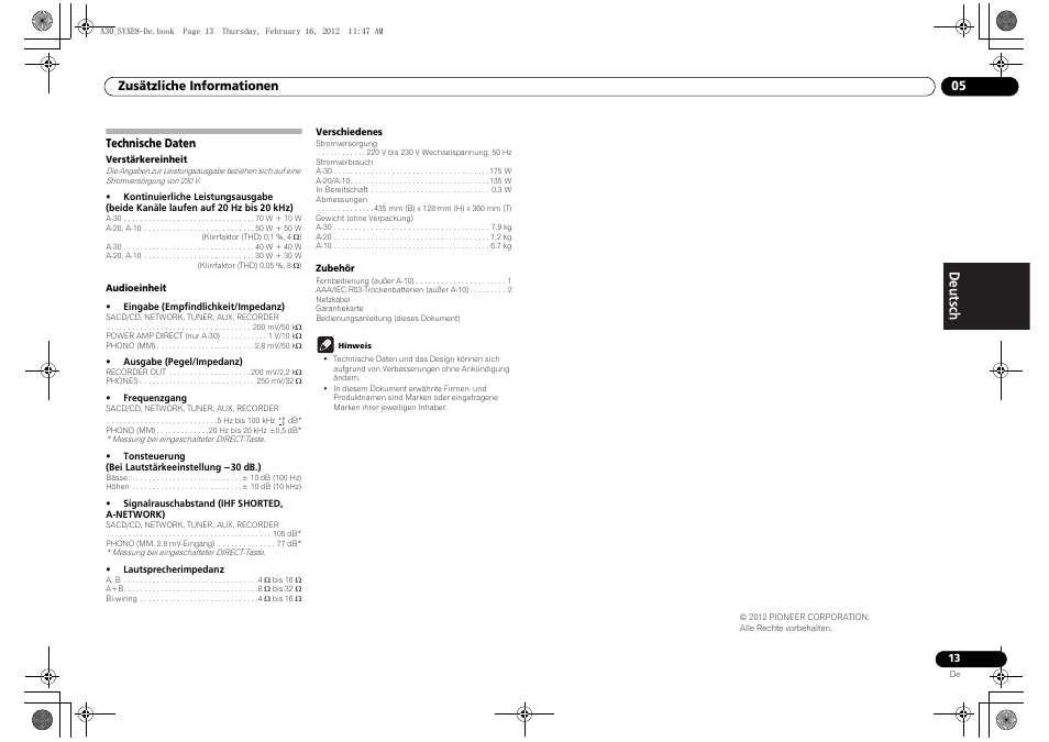 Technische daten | Pioneer A-20-K User Manual | Page 37 / 88