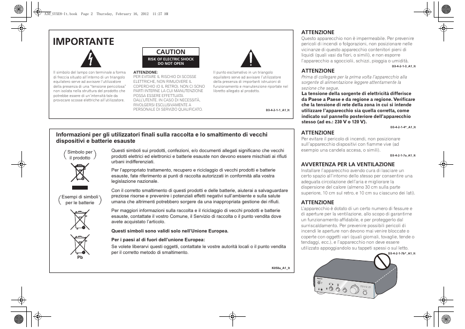 Importante, Caution | Pioneer A-20-K User Manual | Page 38 / 88