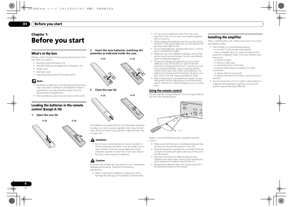 01 before you start, What’s in the box, Loading the batteries in the remote control | Except a-10), Using the remote control, Installing the amplifier, Before you start | Pioneer A-20-K User Manual | Page 4 / 88