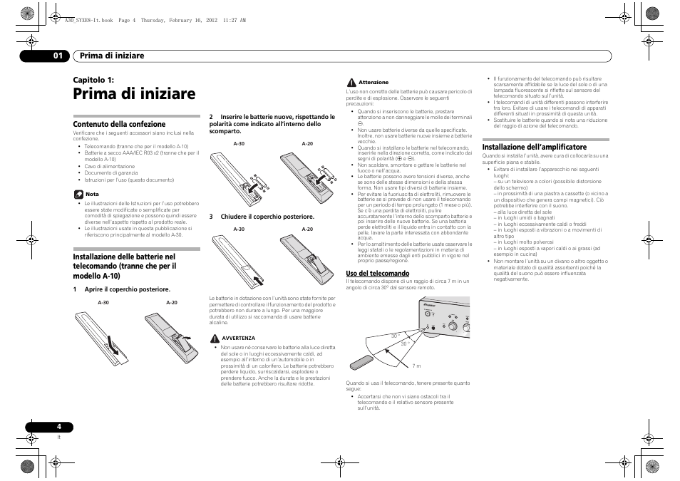 01 prima di iniziare, Contenuto della confezione, Installazione delle batterie nel telecomando | Tranne che per il modello a-10), Uso del telecomando, Installazione dell’amplificatore, Prima di iniziare, Capitolo 1 | Pioneer A-20-K User Manual | Page 40 / 88