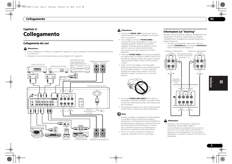 02 collegamento, Collegamento dei cavi, Informazioni sul “biwiring | Collegamento, Collegamento 02, Capitolo 2 | Pioneer A-20-K User Manual | Page 41 / 88