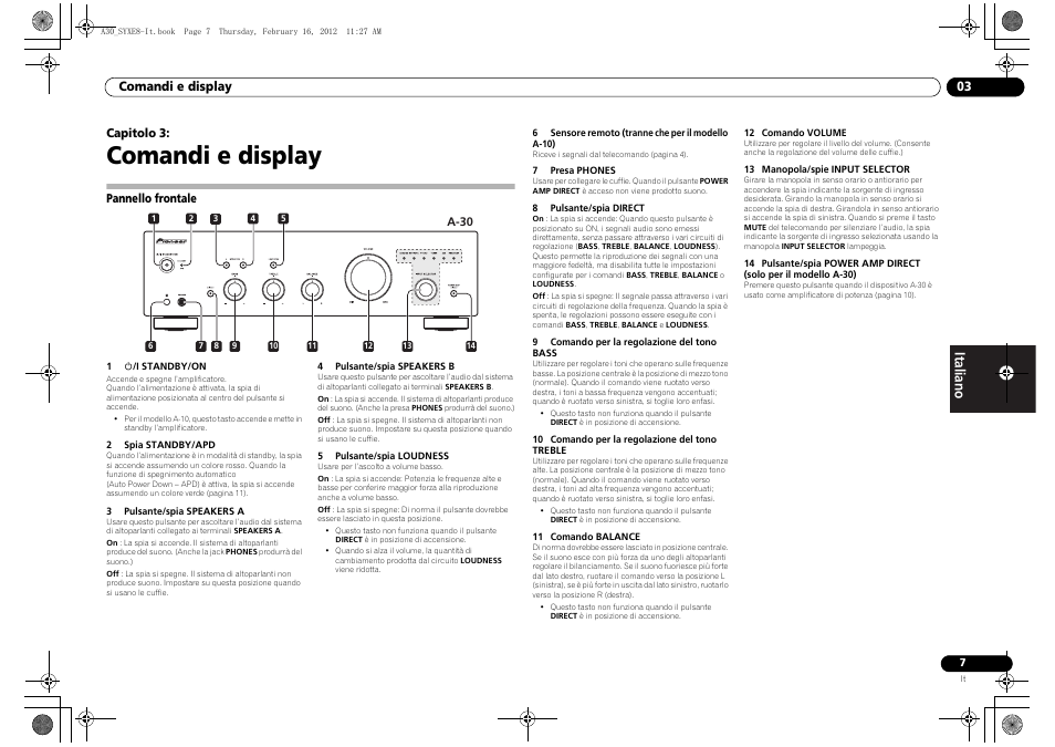 03 comandi e display, Pannello frontale, Comandi e display | Pioneer A-20-K User Manual | Page 43 / 88