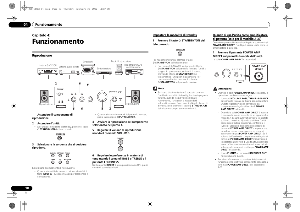 04 funzionamento, Riproduzione, Impostare la modalità di standby | Quando si usa l’unità come amplificatore di, Potenza (solo per il modello a-30), Funzionamento | Pioneer A-20-K User Manual | Page 46 / 88