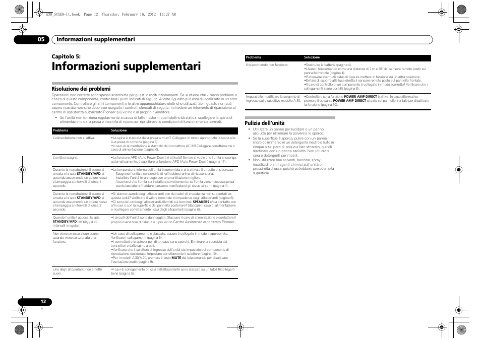 05 informazioni supplementari, Risoluzione dei problemi, Pulizia dell’unità | Informazioni supplementari, Capitolo 5 | Pioneer A-20-K User Manual | Page 48 / 88