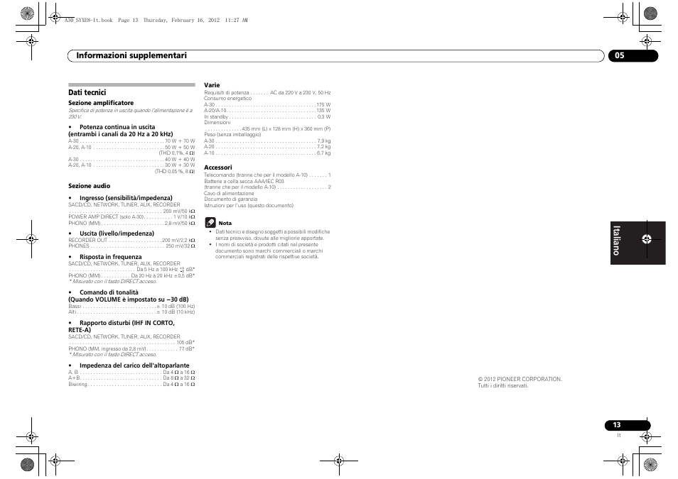 Dati tecnici | Pioneer A-20-K User Manual | Page 49 / 88