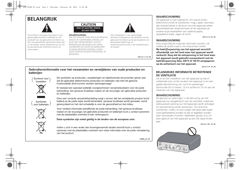 Important, Belangrijk, Caution | Pioneer A-20-K User Manual | Page 50 / 88