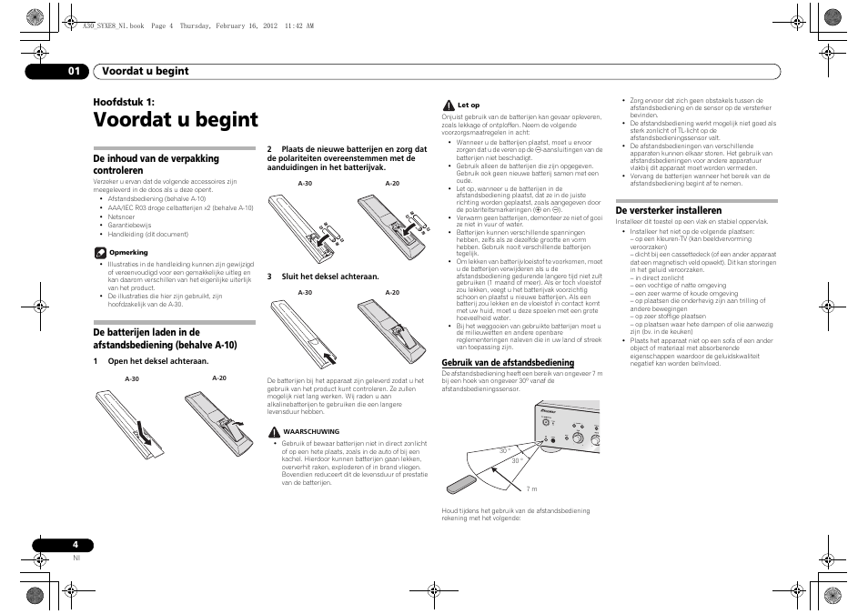 01 voordat u begint, De inhoud van de verpakking controleren, De batterijen laden in de afstandsbediening | Behalve a-10), Gebruik van de afstandsbediening, De versterker installeren, Voordat u begint, Hoofdstuk 1 | Pioneer A-20-K User Manual | Page 52 / 88